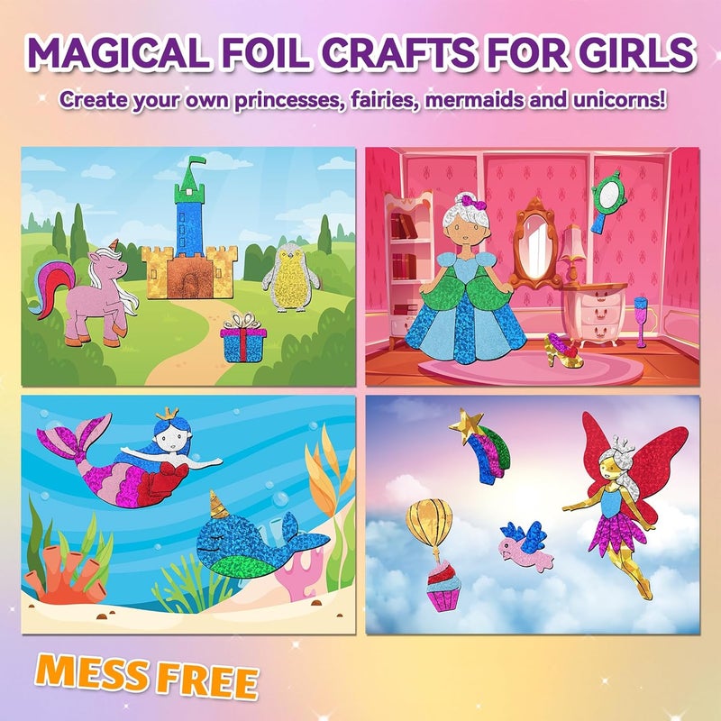 ATFUNSHOP Magical Foil Art Princesses Unicorn Mermaid & Fairy - No Mess Foil Craft Kit for Kids Ages 4 5 6 7 8 9 Fun Creative DIY Activity, Ideal Birthday Gift for Girls - Image 5